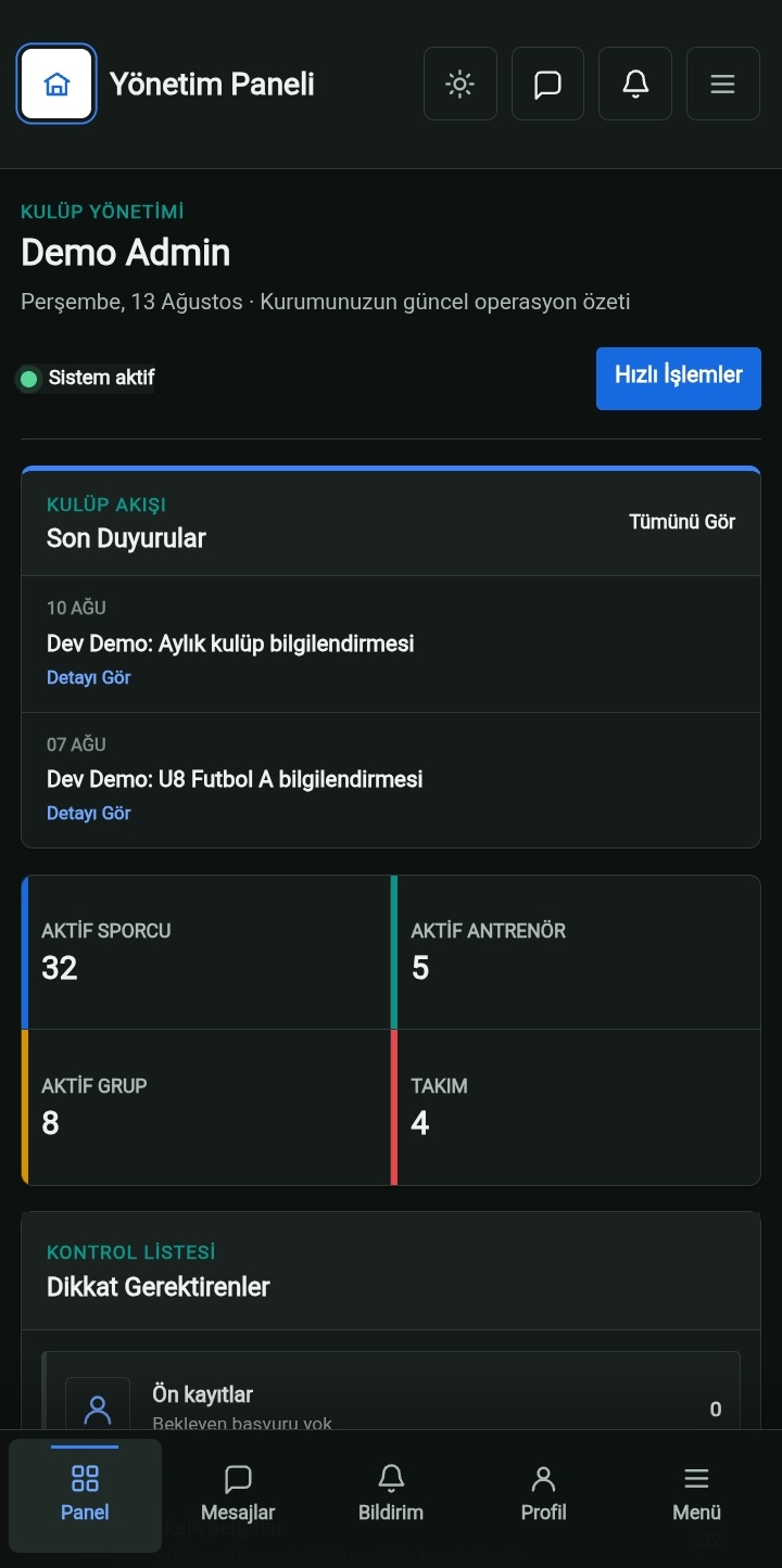 Arkeron Sports yönetim paneli — aktif sporcu, antrenör ve grup istatistikleri