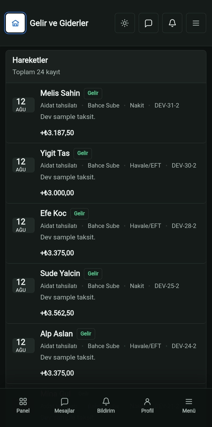 Arkeron Sports gelir gider ve aidat takip ekranı