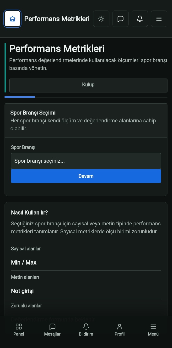 Arkeron Sports performans metrikleri yönetim ekranı